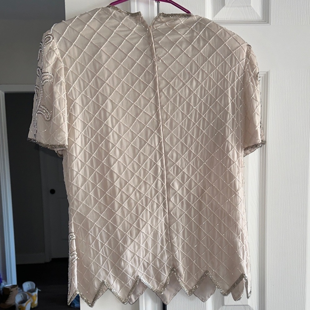 Papell Boutique Cream Beaded Blouse 100% Silk - Picture 6 of 8